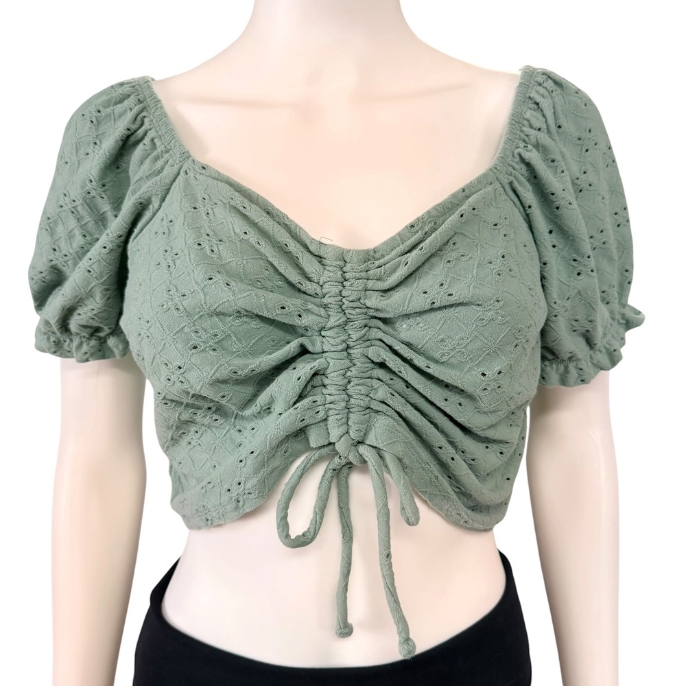 Sage Green Eyelet Ruched Tie Crop Top Puff Sleeve Coquette Cottagecore Fairy XXL